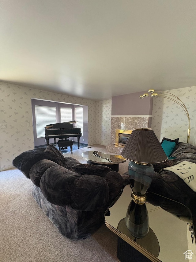 9835 S 610 E, Sandy, UT 84070 - carpeted living room featuring wallpapered walls and a tiled fireplace