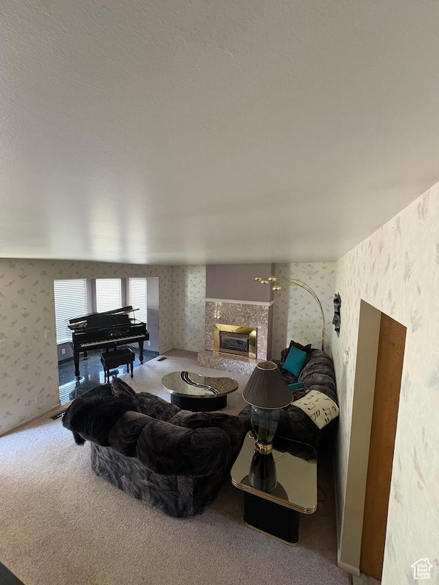 9835 S 610 E, Sandy, UT 84070 - carpeted living area with wallpapered walls and a glass covered fireplace