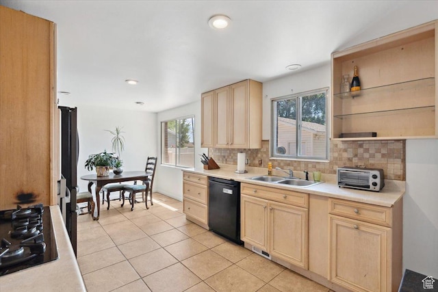 175 Green Dr, Layton, UT 84041 - kitchen with black appliances, a sink, light brown cabinets, tasteful backsplash, and recessed lighting