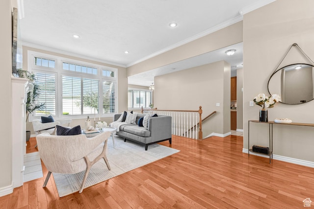 11815 S Cottage Side Way E, Draper, UT 84020 - living area featuring ornamental molding, light wood finished floors, baseboards, recessed lighting, and a chandelier