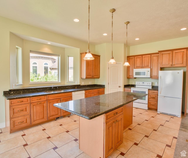 935 S 950 E, Ephraim, UT 84627 - kitchen with white appliances, a sink, a kitchen island, recessed lighting, and pendant lighting