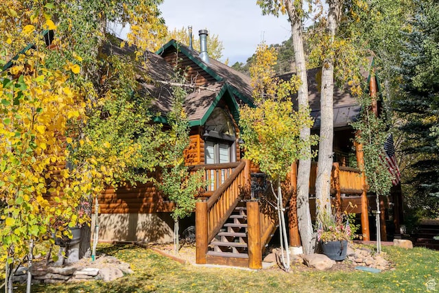 3786 Beaver Creek Rd, Kamas, UT 84036 - rear view of house with stairway, a wooden deck, and log veneer siding