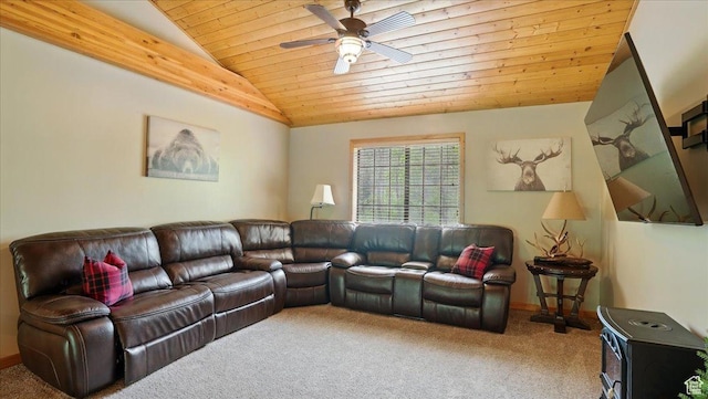 3786 Beaver Creek Rd, Kamas, UT 84036 - living room with vaulted ceiling, wood ceiling, carpet floors, ceiling fan, and baseboards