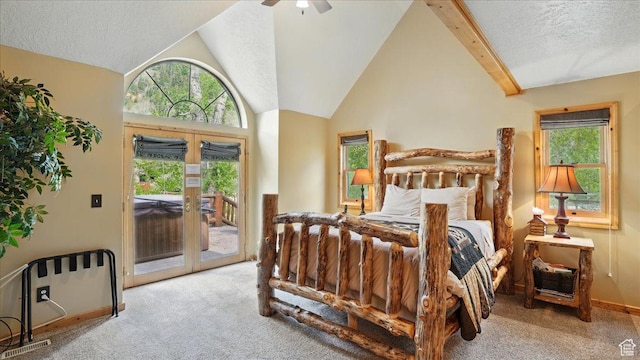 3786 Beaver Creek Rd, Kamas, UT 84036 - carpeted bedroom featuring lofted ceiling, access to exterior, a textured ceiling, multiple windows, and baseboards