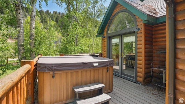 3786 Beaver Creek Rd, Kamas, UT 84036 - wooden deck featuring a hot tub and french doors
