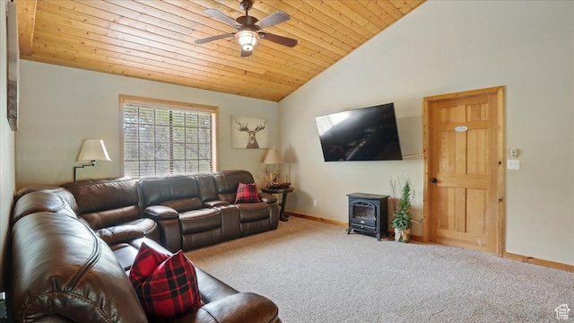 3786 Beaver Creek Rd, Kamas, UT 84036 - carpeted living area featuring a wood stove, lofted ceiling, baseboards, ceiling fan, and wooden ceiling