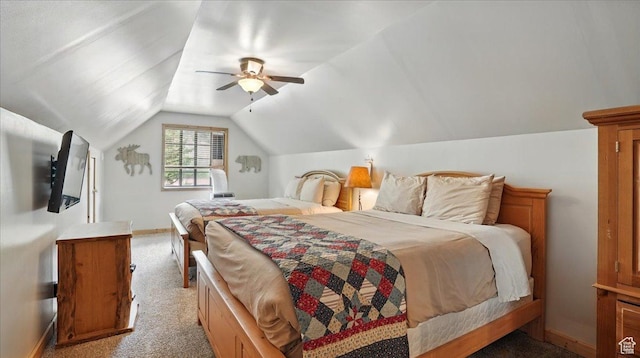 3786 Beaver Creek Rd, Kamas, UT 84036 - bedroom with light colored carpet, vaulted ceiling, baseboards, and a ceiling fan