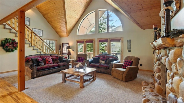 3786 Beaver Creek Rd, Kamas, UT 84036 - living room with carpet flooring, stairway, high vaulted ceiling, and wood ceiling