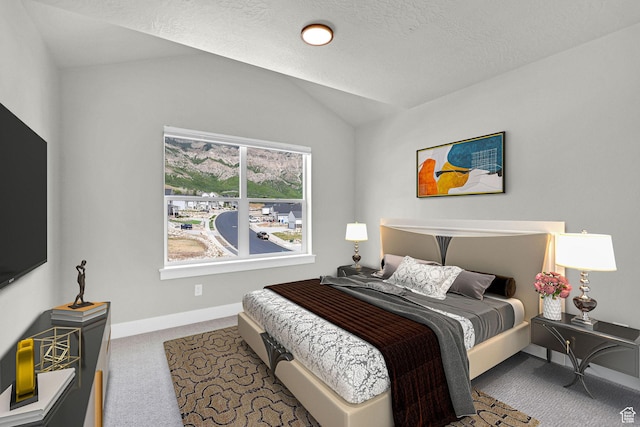 3877 N 425 E, North Ogden, UT 84414 - bedroom with carpet, vaulted ceiling, baseboards, and a textured ceiling