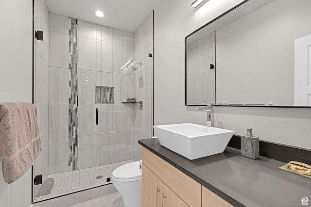 3877 N 425 E, North Ogden, UT 84414 - bathroom featuring toilet, vanity, a stall shower, and recessed lighting