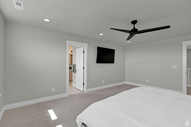 3877 N 425 E, North Ogden, UT 84414 - bedroom with light carpet, recessed lighting, baseboards, a ceiling fan, and ensuite bath