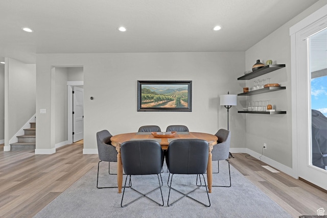 3877 N 425 E, North Ogden, UT 84414 - dining area with stairway, light wood-type flooring, baseboards, and recessed lighting