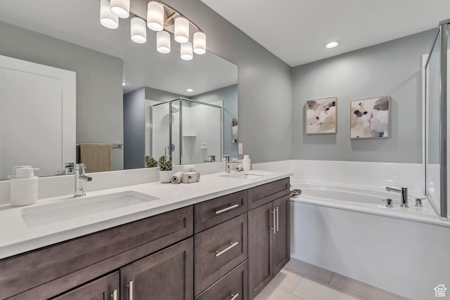 4237 S Birkhill Blvd, Murray, UT 84107 - full bath featuring a shower stall, double vanity, a bath, tile patterned flooring, and recessed lighting