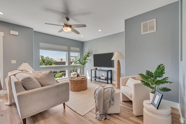 4237 S Birkhill Blvd, Murray, UT 84107 - living room featuring a ceiling fan, light wood finished floors, recessed lighting, and baseboards