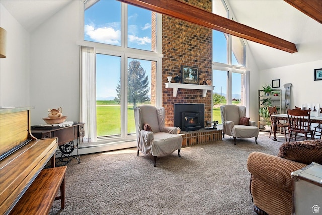 1777 W 4200 N, Smithfield, UT 84335 - carpeted living area featuring high vaulted ceiling, healthy amount of natural light, beamed ceiling, and a brick fireplace