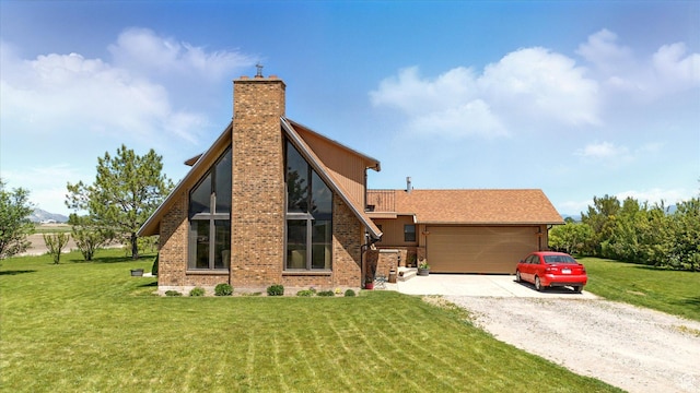 1777 W 4200 N, Smithfield, UT 84335 - view of front of house with a chimney, gravel driveway, a front lawn, an attached garage, and brick siding