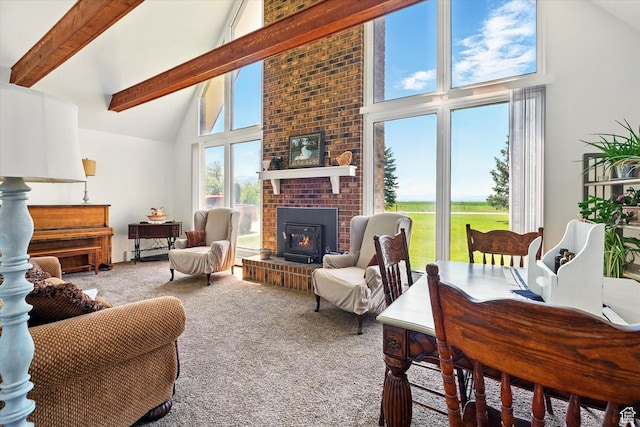 1777 W 4200 N, Smithfield, UT 84335 - living area with high vaulted ceiling, carpet floors, a fireplace, and beam ceiling