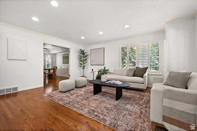 12563 S Bear Castle Cv, Draper, UT 84020 - living area featuring ornamental molding, wood finished floors, recessed lighting, and baseboards