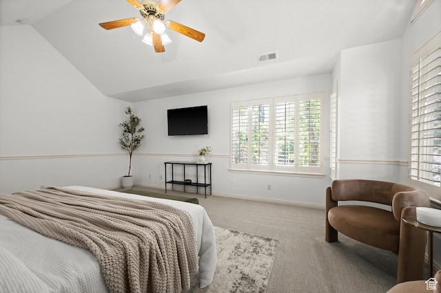 12563 S Bear Castle Cv, Draper, UT 84020 - carpeted bedroom with vaulted ceiling, baseboards, and a ceiling fan