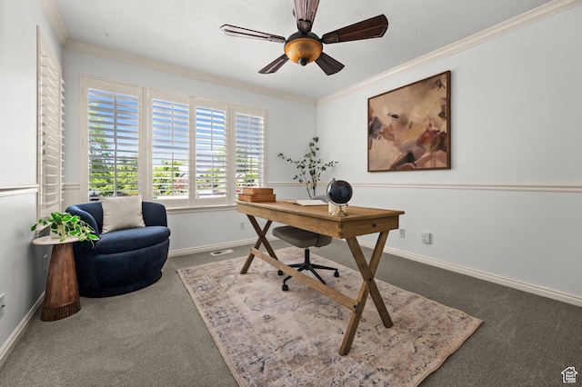 12563 S Bear Castle Cv, Draper, UT 84020 - home office with carpet, baseboards, crown molding, and a ceiling fan