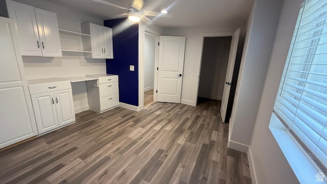 6705 S High Bluff Dr W, West Jordan, UT 84081 - kitchen with open shelves, white cabinetry, dark wood-type flooring, light countertops, and a ceiling fan
