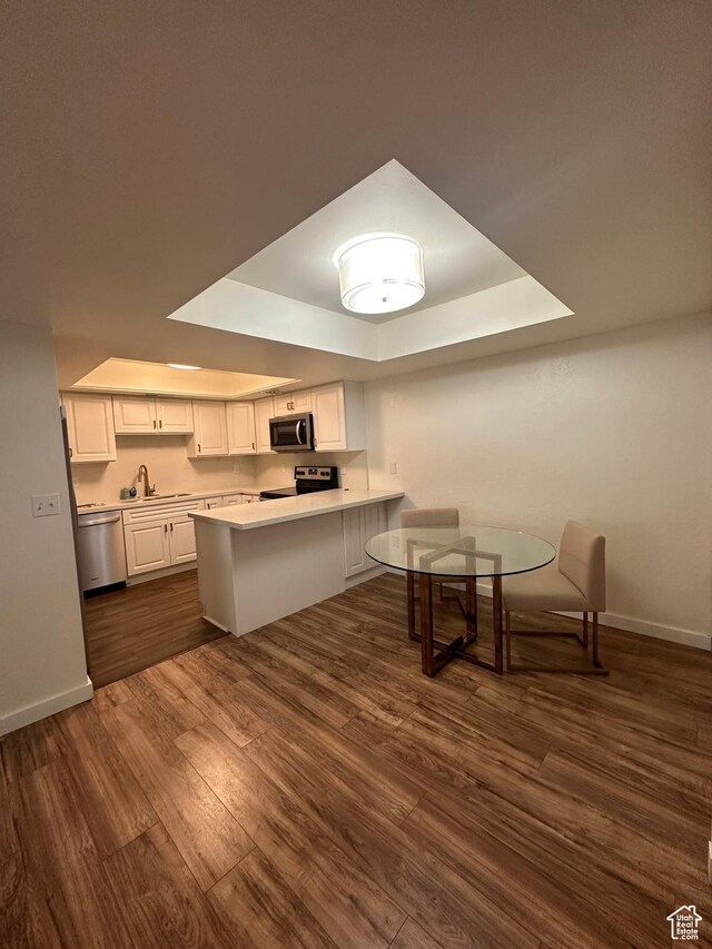 4853 S Woodbridge Dr E Unit 44, Salt Lake City, UT 84117 - kitchen featuring stainless steel appliances, a raised ceiling, baseboards, and a peninsula