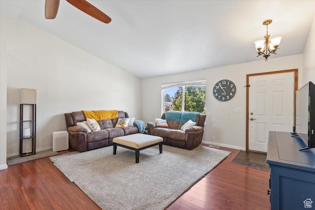 4868 W Cedar Point Peak Dr S, Riverton, UT 84096 - living area featuring dark wood-style floors, lofted ceiling, a chandelier, ceiling fan, and baseboards