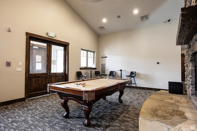 13279 N Alexis Dr, Kamas, UT 84036 - playroom featuring high vaulted ceiling, carpet flooring, billiards table, and baseboards