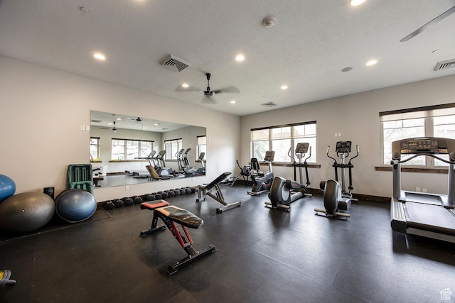 13279 N Alexis Dr, Kamas, UT 84036 - workout area with a ceiling fan, a textured ceiling, recessed lighting, plenty of natural light, and baseboards