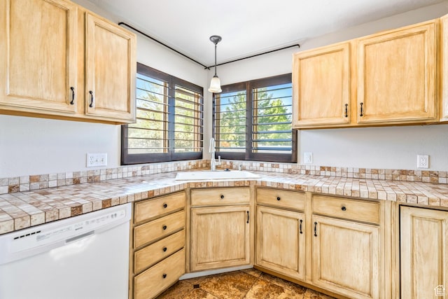 748 N 310 E, Tooele, UT 84074 - kitchen featuring light brown cabinets, white dishwasher, a sink, and hanging light fixtures