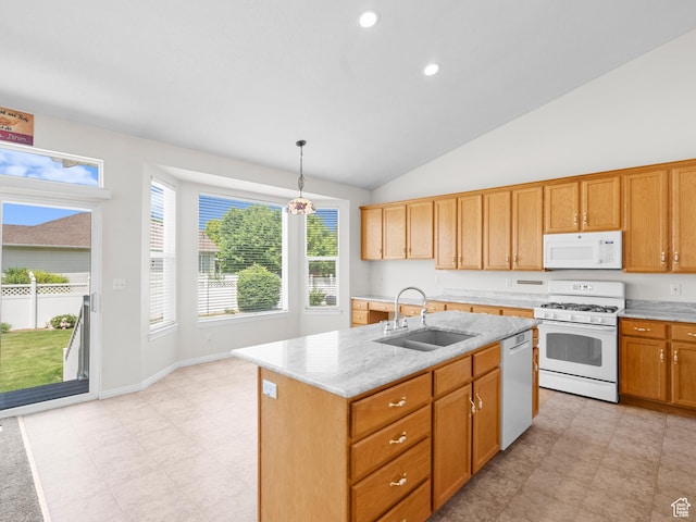 4912 W Rosewood Dr S, South Jordan, UT 84009 - kitchen with white appliances, a sink, decorative light fixtures, vaulted ceiling, and a center island with sink