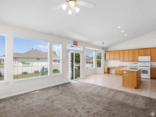4912 W Rosewood Dr S, South Jordan, UT 84009 - kitchen featuring white appliances, a sink, open floor plan, light countertops, and lofted ceiling