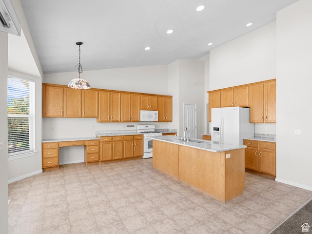 4912 W Rosewood Dr S, South Jordan, UT 84009 - kitchen featuring white appliances, high vaulted ceiling, baseboards, light countertops, and a sink