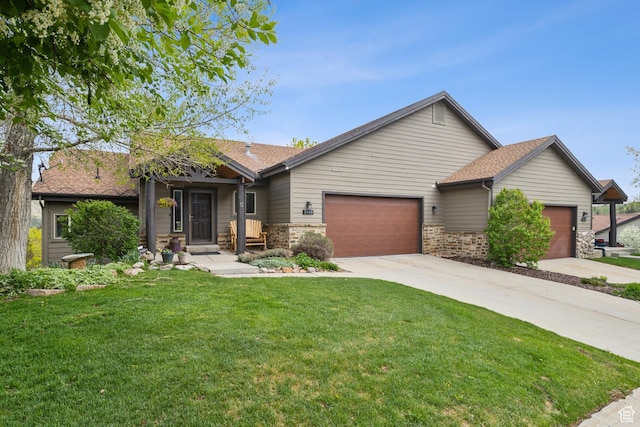 3958 W View Pointe Dr, Park City, UT 84098 - ranch-style house with an attached garage, driveway, a front yard, and a shingled roof