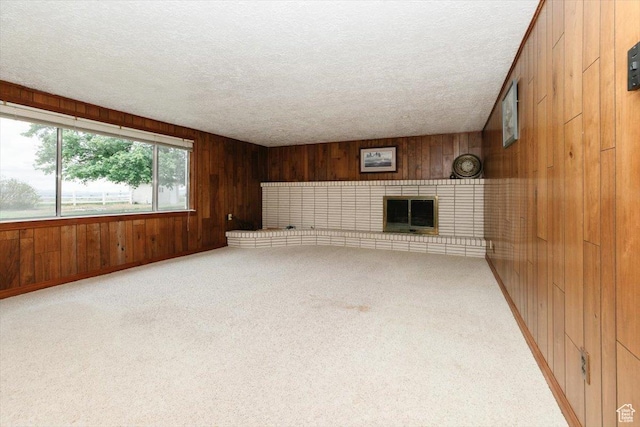 310 E Valley View Dr, Preston, ID 83263 - unfurnished living room featuring wood walls, carpet floors, a textured ceiling, and a fireplace