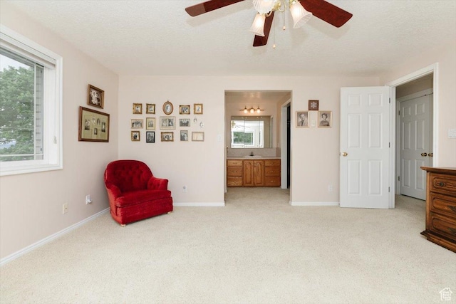 310 E Valley View Dr, Preston, ID 83263 - living area featuring light carpet, a ceiling fan, baseboards, and a textured ceiling