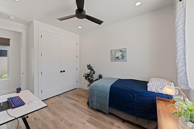 108 N Arrowhead Ln, Ivins, UT 84738 - bedroom featuring light wood finished floors, recessed lighting, and a ceiling fan