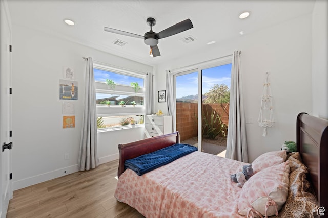 108 N Arrowhead Ln, Ivins, UT 84738 - bedroom featuring access to exterior, light wood finished floors, baseboards, ceiling fan, and recessed lighting