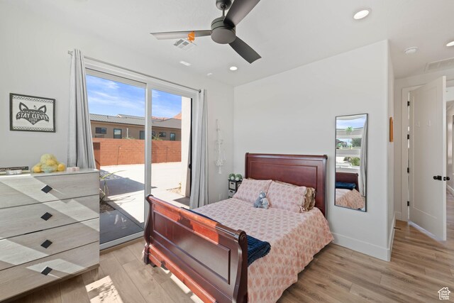 108 N Arrowhead Ln, Ivins, UT 84738 - bedroom featuring access to exterior, light wood finished floors, recessed lighting, baseboards, and ceiling fan