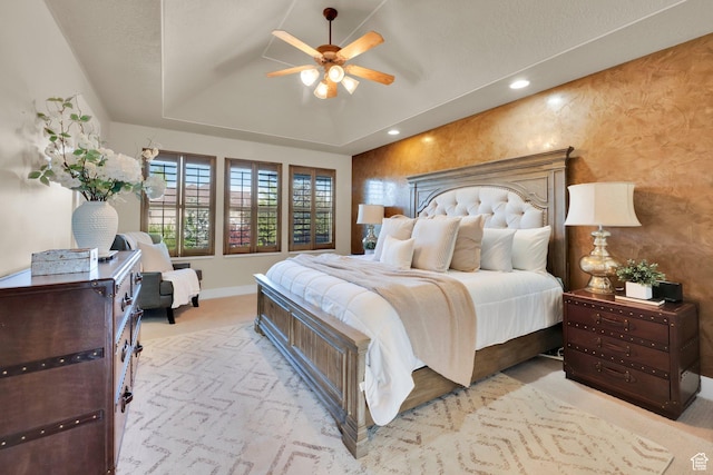4836 S 5050 W, Hooper, UT 84315 - carpeted bedroom featuring baseboards, a tray ceiling, recessed lighting, and ceiling fan