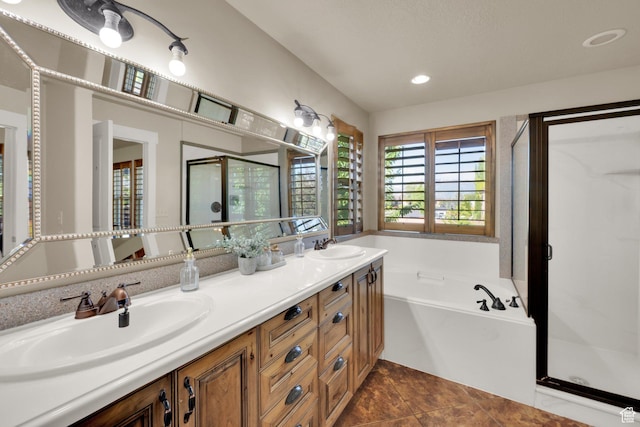 4836 S 5050 W, Hooper, UT 84315 - bathroom with a shower stall, a bath, double vanity, and recessed lighting