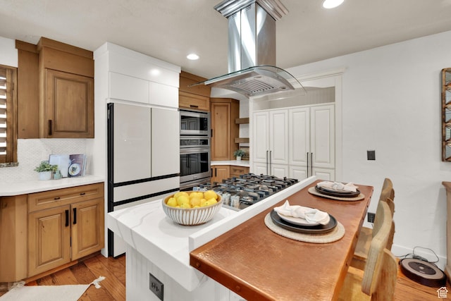 4836 S 5050 W, Hooper, UT 84315 - kitchen with stainless steel appliances, island exhaust hood, light wood-type flooring, light countertops, and decorative backsplash