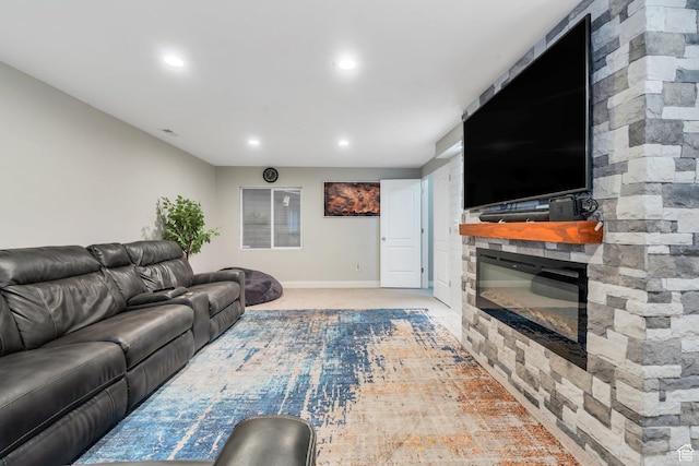 7371 N Ute Dr, Eagle Mountain, UT 84005 - carpeted living room with recessed lighting, baseboards, and a fireplace