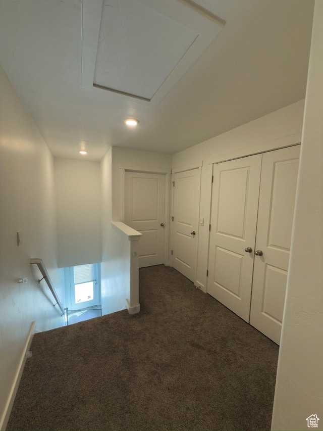 1764 E Fall St, Eagle Mountain, UT 84005 - hallway with an upstairs landing, dark carpet, baseboards, and recessed lighting