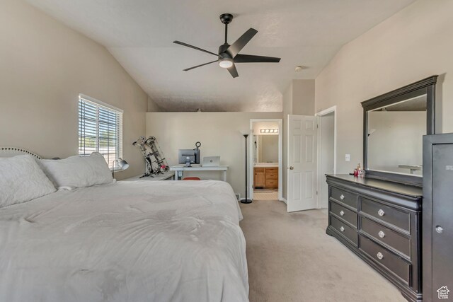 2761 W 9800 S, South Jordan, UT 84095 - bedroom with lofted ceiling, light colored carpet, ensuite bath, and a ceiling fan