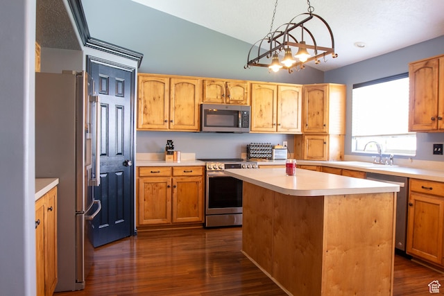 2182 W 1145 N, Clinton, UT 84015 - kitchen featuring stainless steel appliances, a sink, light countertops, vaulted ceiling, and dark wood finished floors