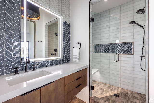 7744 E Moon Dance Cir, Kamas, UT 84036 - full bath featuring a stall shower, vanity, and backsplash