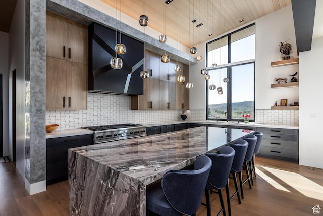 7744 E Moon Dance Cir, Kamas, UT 84036 - kitchen with high end stainless steel range oven, open shelves, dark wood-style floors, a center island, and wood ceiling