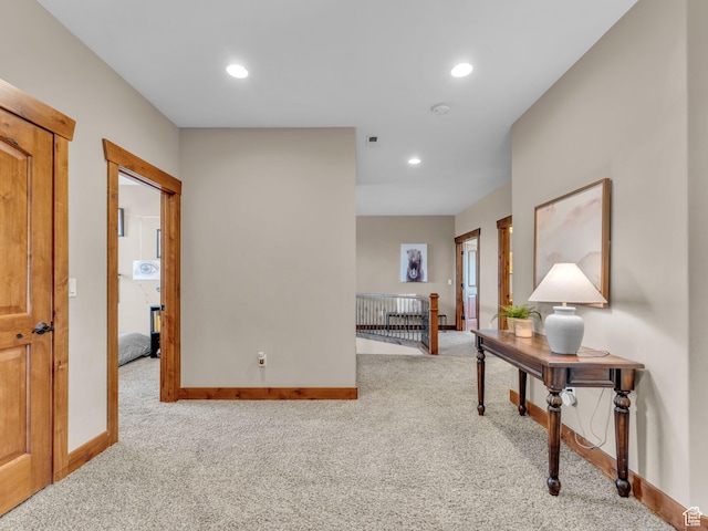 2894 E Cobblemoor Ln, Sandy, UT 84093 - corridor featuring light carpet, baseboards, recessed lighting, and an upstairs landing