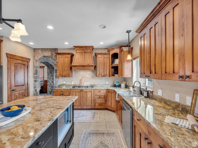 2894 E Cobblemoor Ln, Sandy, UT 84093 - kitchen with a sink, stainless steel appliances, custom range hood, pendant lighting, and light stone countertops